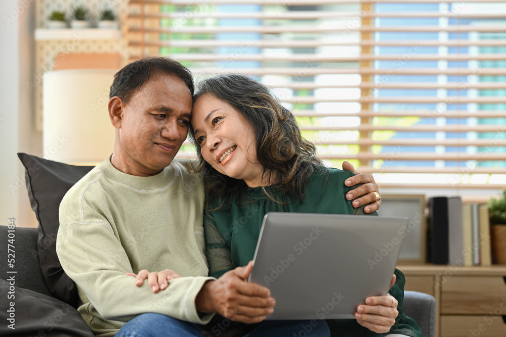 Romantic retired couple resting on couch in cozy living room and using laptop, searching for travel destination Romantic retired couple resting on couch in cozy living room and using laptop, searching for travel destination