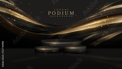 Black luxury background. Product display podium with golden curve line decoration and glitter light effect elements and star.