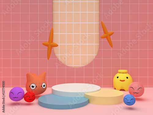 3 round podiums with emoji and smily face cartoon and pink background. Pedestal for kid product presentation. Geometric 3D render photo