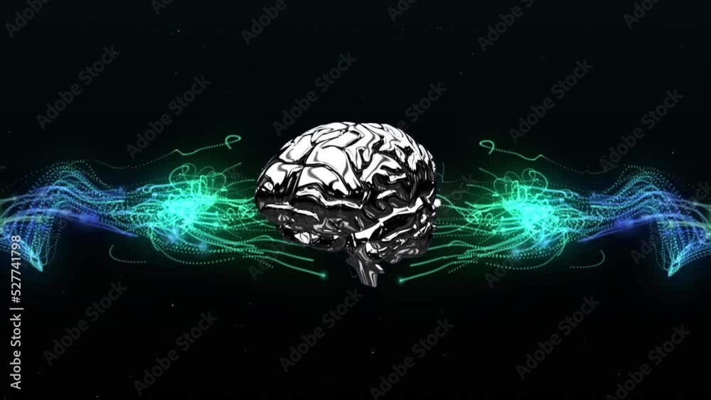 Human brain icon spinning over green and blue digital waves against black background