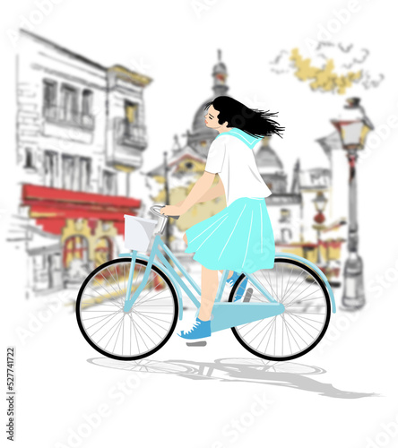 A young Asian girl wearing white shirt, blue skirt and blue sneakers riding on a blue bicycle, in a city  Background, realistic  illustration vector 