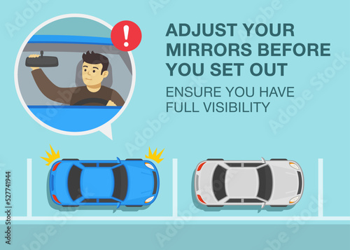 Safe driving tips and traffic regulation rules. Adjust your mirrors before you set out, ensure you have full visibility. Male driver adjusting rear mirror in a car. Flat vector illustration template.