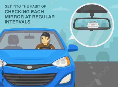 Safe driving tips and traffic regulation rules. Get into the habit of checking each mirror at regular intervals. Male driver looking at rear mirror while driving. Flat vector illustration template.