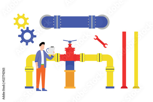 Technician inspects pipes 2d vector illustration concept for banner, website, illustration, landing page, flyer, etc.