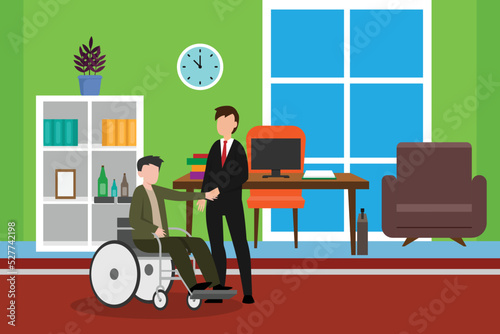 Employee sitting in wheelchair, shaking hand with boss in office 2d vector illustration concept for banner, website, illustration, landing page, flyer, etc.