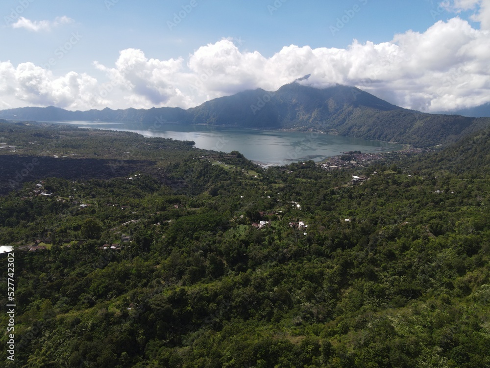Aerial view of Batur lake Kintamani Bali with cloud in the background