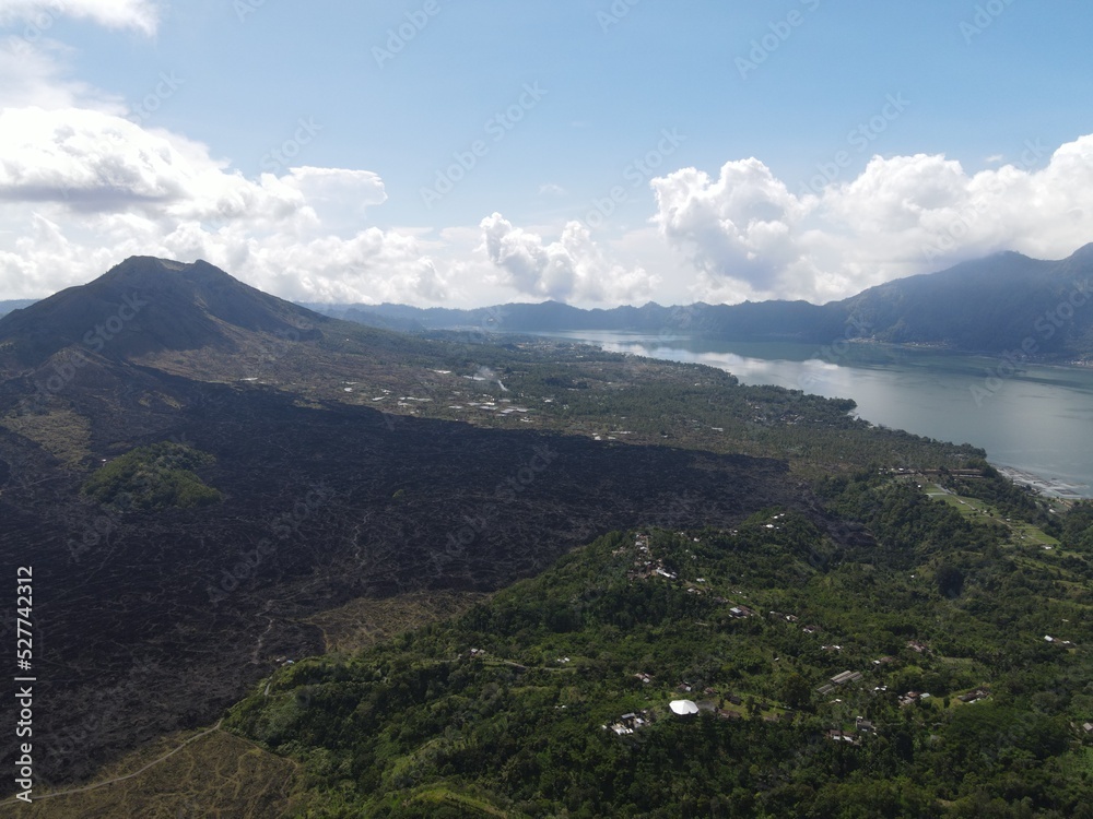 Aerial view of Batur lake Kintamani Bali with cloud in the background