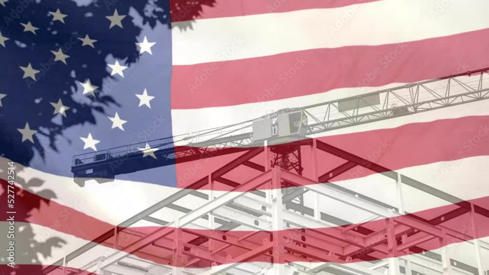 Animation of construction site and crane with american flag