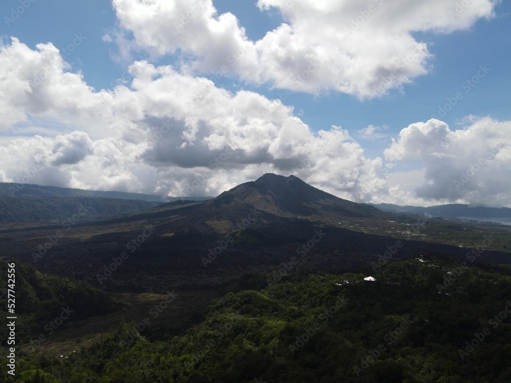 Aerial view of lava field from Mount Batur in Bali