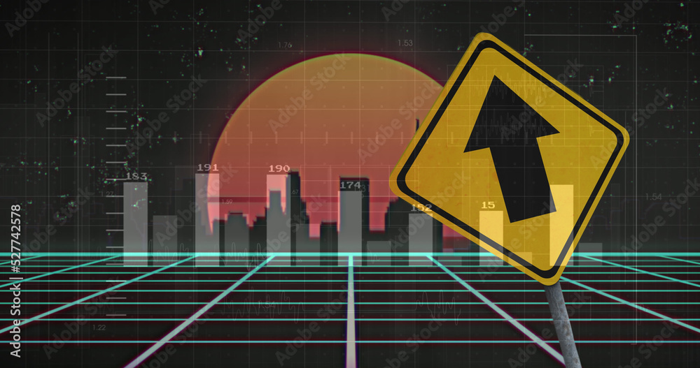 Fototapeta premium Image of financial data processing and road sign over cityscape