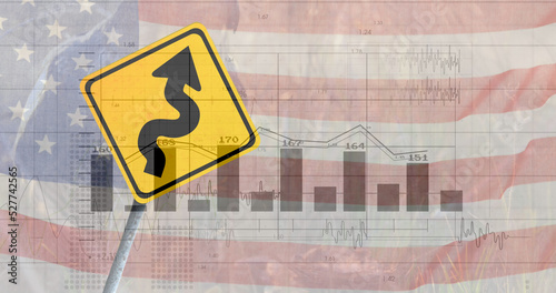 Image of financial data processing over road sign and flag of usa