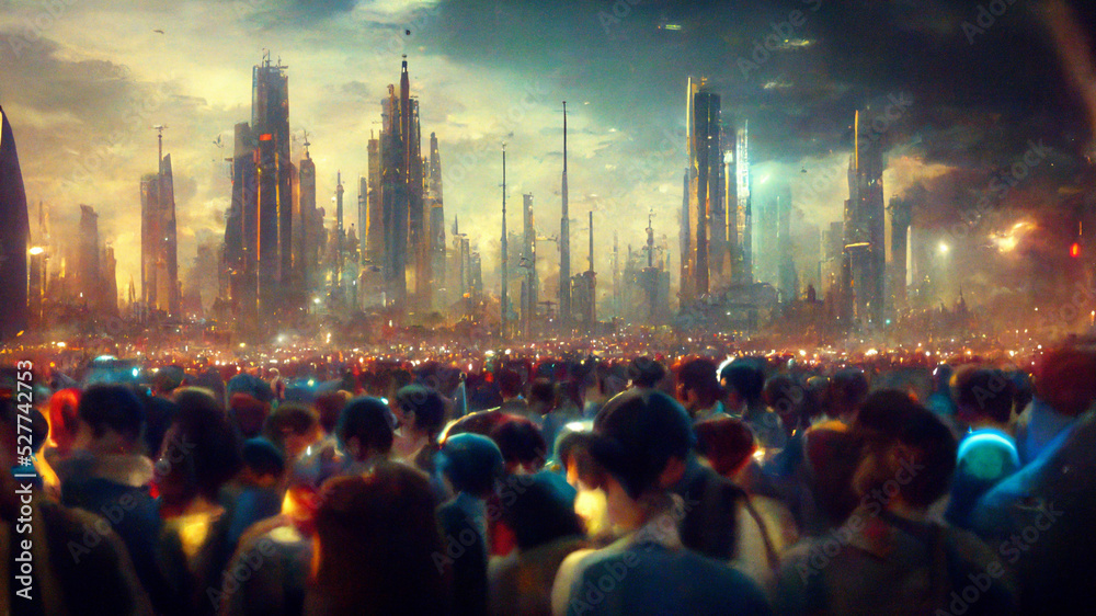 Futuristic city in crowds of people on planet background