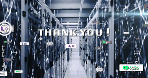 Image of thank you text and numbers growing over server room