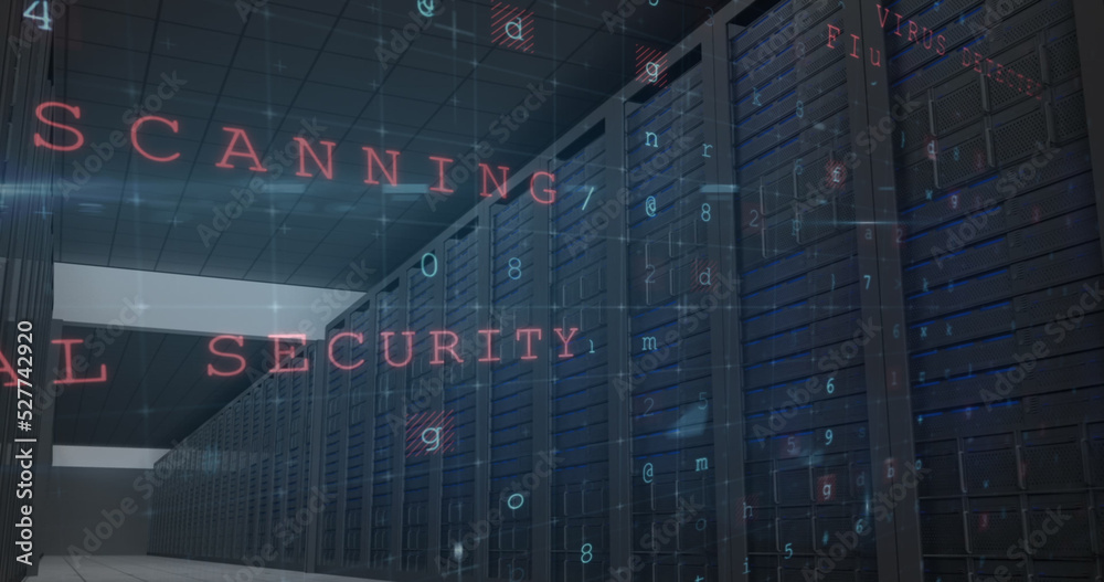 Image of cyber attack warning with letters and numbers over server room Image of cyber attack warning with letters and numbers over server room