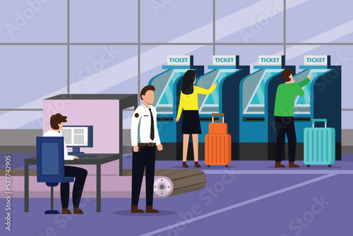 Passenger check in online near airport security 2d vector illustration concept for banner, website, illustration, landing page, flyer, etc.