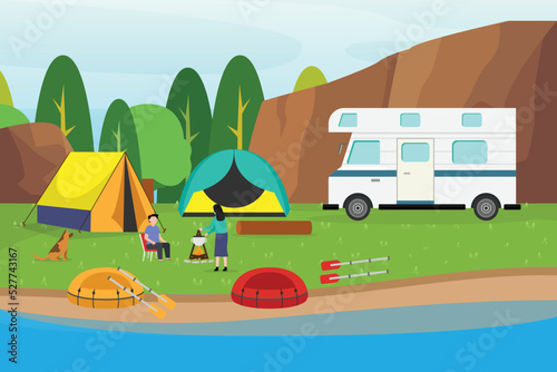 Couple camping with camper van 2d vector illustration concept for banner, website, illustration, landing page, flyer, etc.