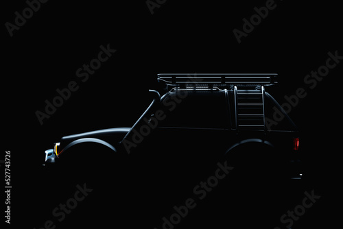A powerful black Off-road car 4x4, safari, expedition off-roader,  side view. 3D illustration