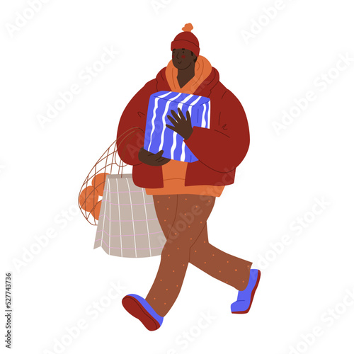 Happy Black skin Man going with gift box and bags. Winter shopping, preparing for Christmas holidays. Waiting for a wonderful time. People in winter clothes. Flat style in vector illustration.