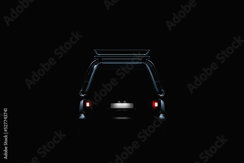 A powerful black Off-road car 4x4, safari, expedition off-roader,  back view. 3D illustration