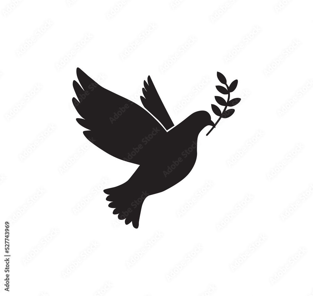 Vector flying dove with olive branch black silhouettes on white
