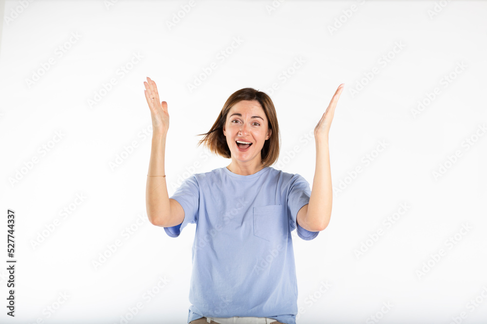 Close-up portrait of young beautiful cheerful woman isolated on white background
Close-up portrait of young beautiful cheerful woman isolated on white background