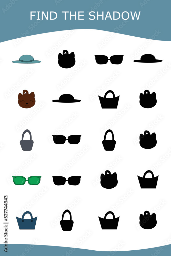Find correct shadow with bags, sunglasses.  Kids educational game. 