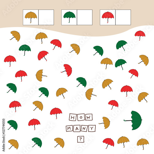 How many counting game with colorful umbrellas. Worksheet for preschool kids, kids activity sheet, printable worksheet