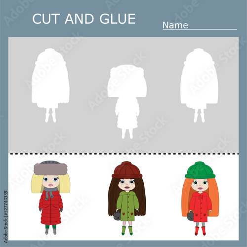 worksheet vector design, the task is to cut and glue a piece on cute girls, dolls. Logic game for children. 