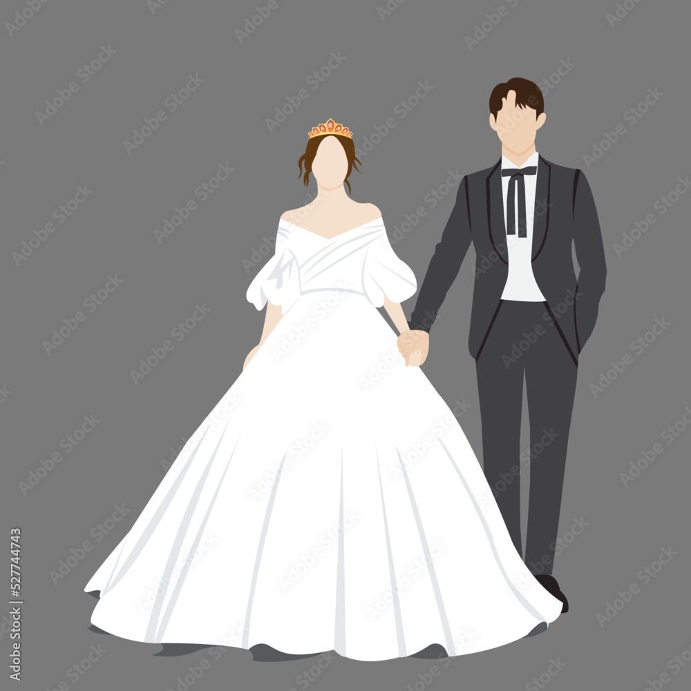 Beautiful young bride and groom couple holding hands on wedding day vector illustration.