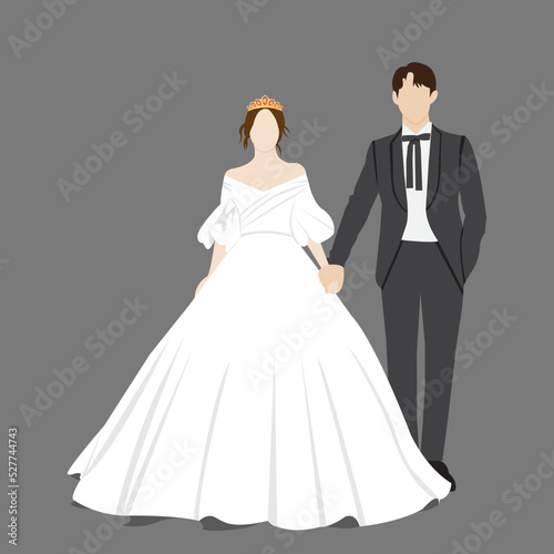Beautiful young bride and groom couple holding hands on wedding day vector illustration.