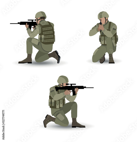 Soldier aiming rifle. Military standing on one knee and looks into the scope preparing to shoot. Vector