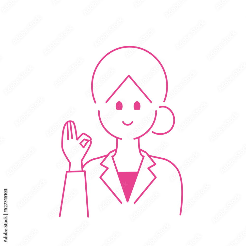 白衣を着て右手でokサインする女性の上半身