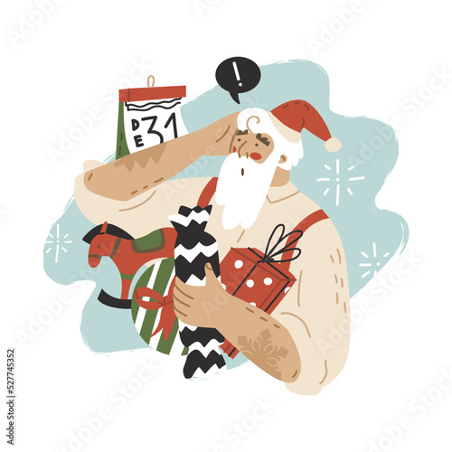 Santa looks anxiously at the calendar. The concept of timely delivery. Happy New Year, Merry Christmas. Daily routine of Santa Claus before Christmas. Flat style in vector illustration.