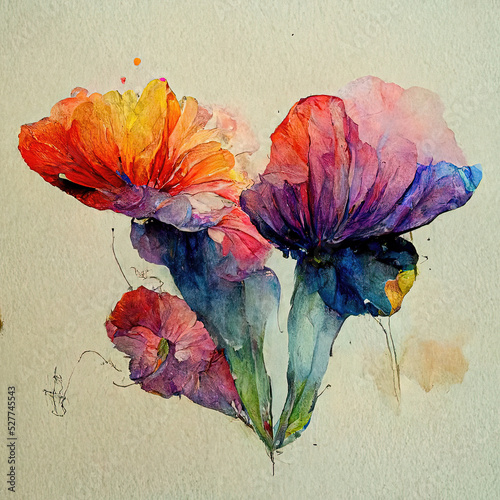 Water color painted flower drawing on beige paper colorful blossom, abstract floral illustration, tropical flowers, spring summer themed hibiscus background, botanical flower high quality wallpaper