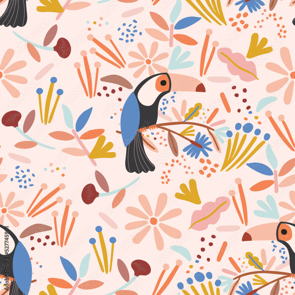 TROPICAL BIRDS IN PLANTS SEAMLESS PATTERN VECTOR