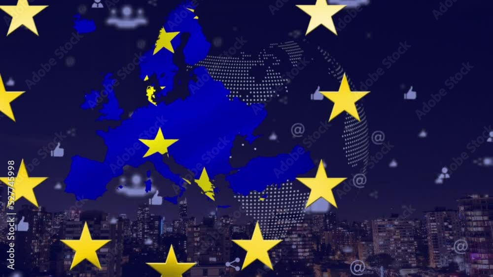 Animation of europe and eu flag over data processing and cityscape Animation of europe and eu flag over data processing and cityscape