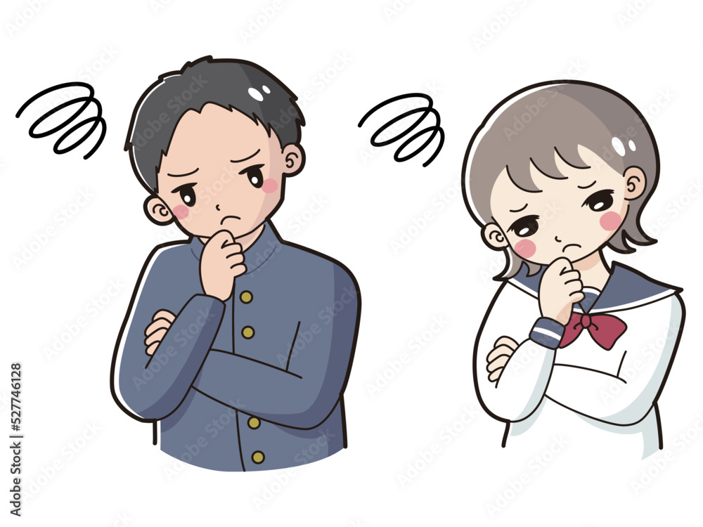 悩んでいる学ランの男の子とセーラー服の女の子 イラストセット 悩んでいる学ランの男の子とセーラー服の女の子 イラストセット