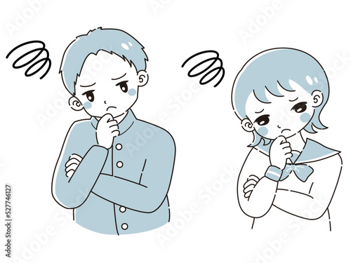 悩んでいる学ランの男の子とセーラー服の女の子　イラストセット