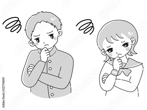 悩んでいる学ランの男の子とセーラー服の女の子　イラストセット