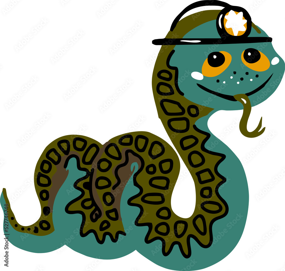 Fototapeta premium Cartoon worm or snake-caver with a flashlight on his head.