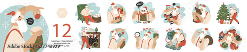 Set four compositions with Santa Klaus. Happy New Year, Merry Christmas. Flat style in vector illustration. Isolated on white background. Giving of gifts, presents, miracle, Christmas tree, fireplace.