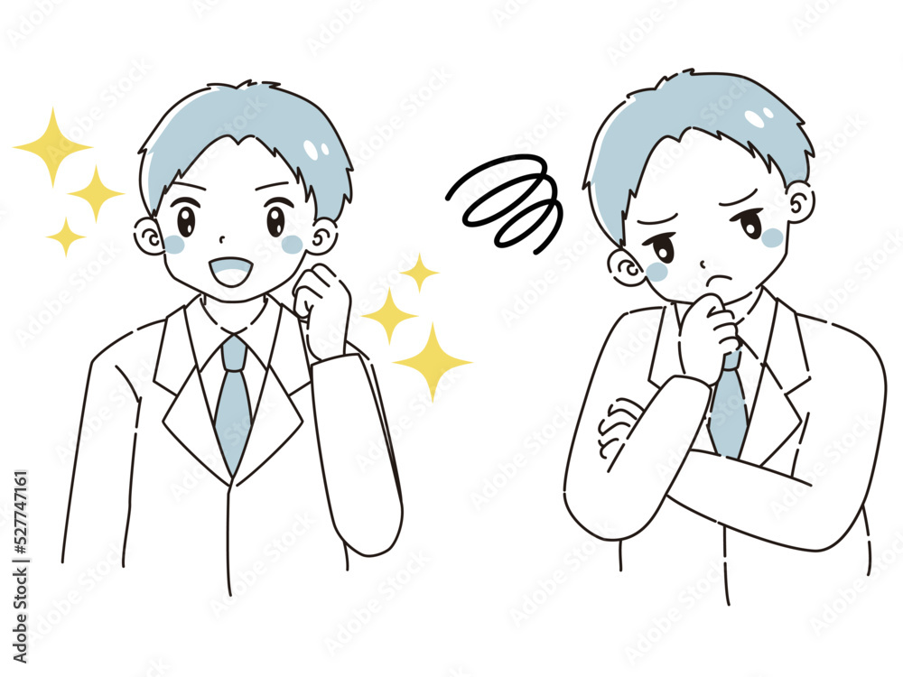 ときめきの表情と困っている表情の白衣を着た男性 イラストセット ときめきの表情と困っている表情の白衣を着た男性 イラストセット