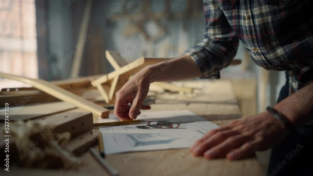 Close Up of an Artisan Furniture Designer Reading Blueprint and Starting to Assemble Legs of a Wooden Chair. Stylish Carpenter Working in a Studio in Loft Space with Tools on the Walls. Close Up of an Artisan Furniture Designer Reading Blueprint and Starting to Assemble Legs of a Wooden Chair. Stylish Carpenter Working in a Studio in Loft Space with Tools on the Walls.