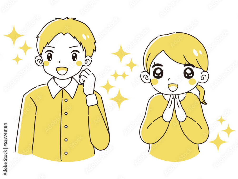 ガッツポーズをする男性とときめく女性のイラストセット