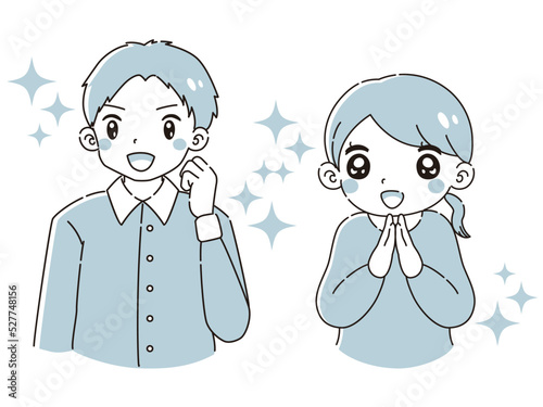 ガッツポーズをする男性とときめく女性のイラストセット