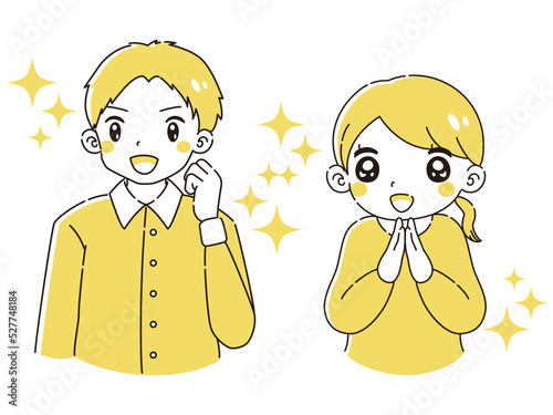 ガッツポーズをする男性とときめく女性のイラストセット