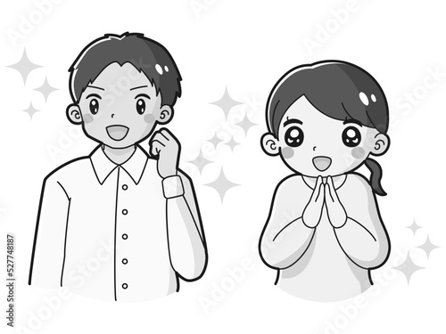ガッツポーズをする男性とときめく女性のイラストセット