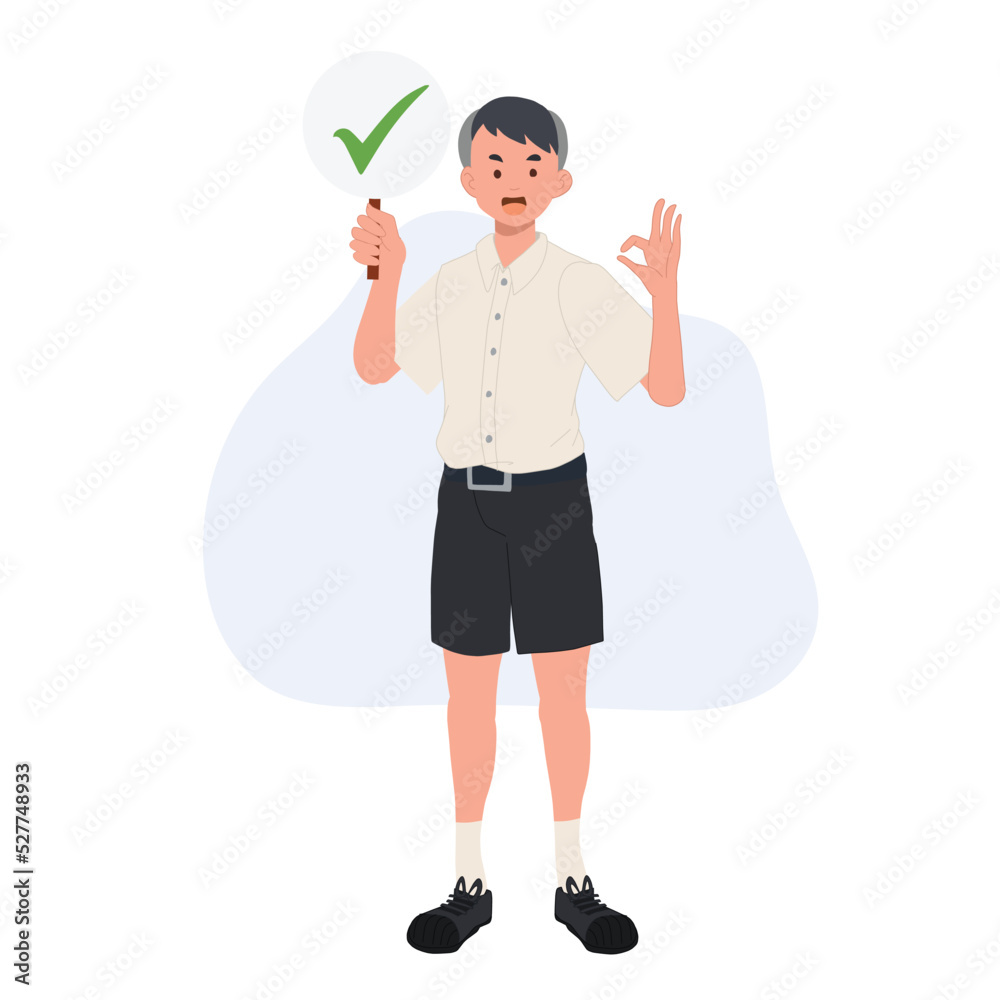 Asian student in school uniform. Thai student boy is holding correct sign. check mark. true.and doing ok hand sign. vector illustration Asian student in school uniform. Thai student boy is holding correct sign. check mark. true.and doing ok hand sign. vector illustration