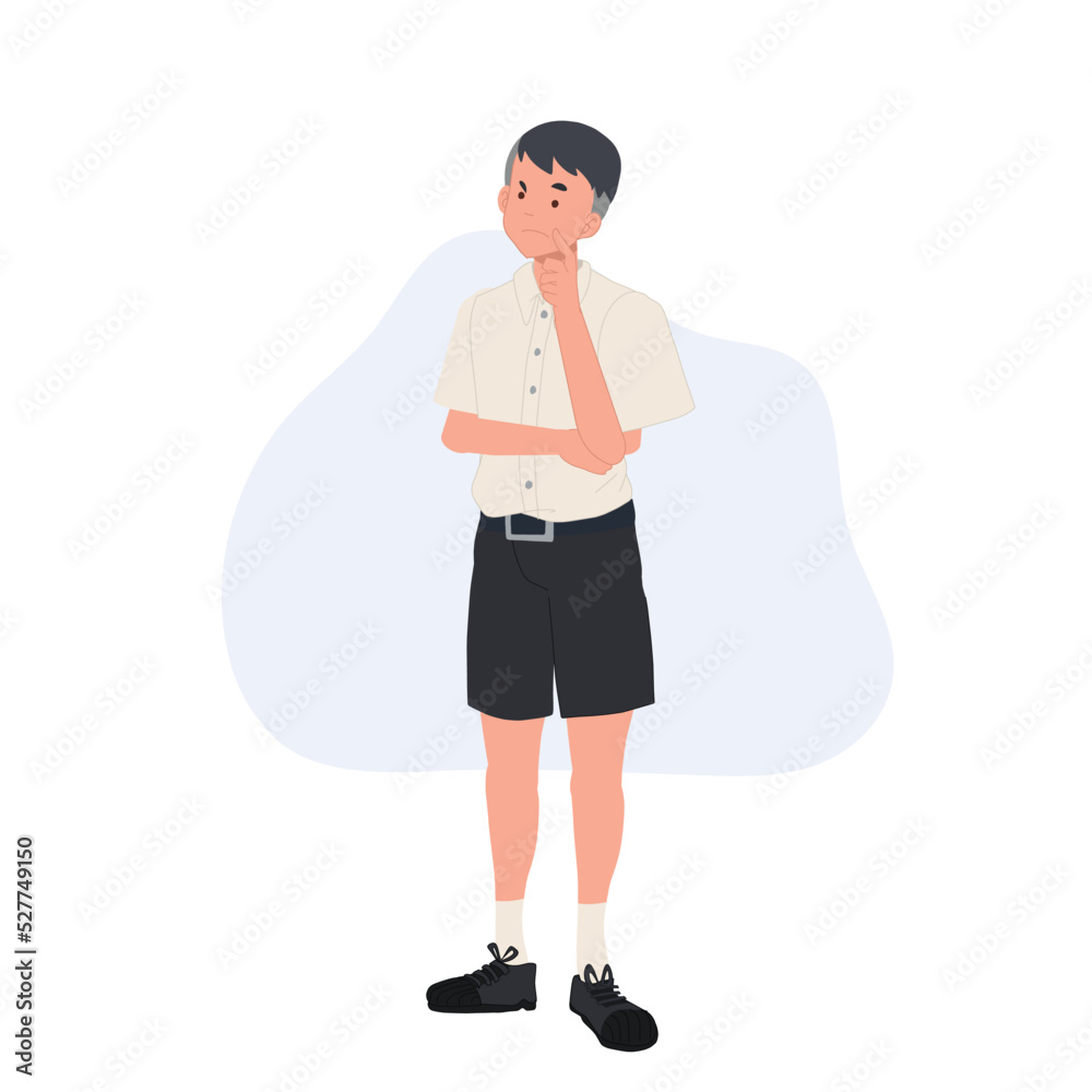 Full length of Thai student boy is thinking. figure out the problem. Vector illustration Full length of Thai student boy is thinking. figure out the problem. Vector illustration