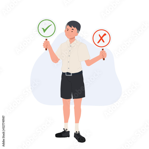Asian student in school uniform. Thai student boy is making decision right or wrong. vector illustration